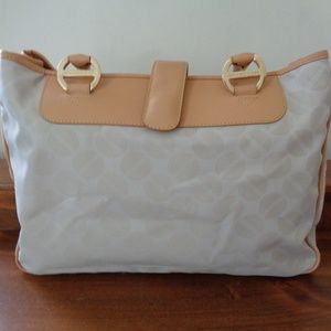 BORBONESE beige tote with tan leather trim